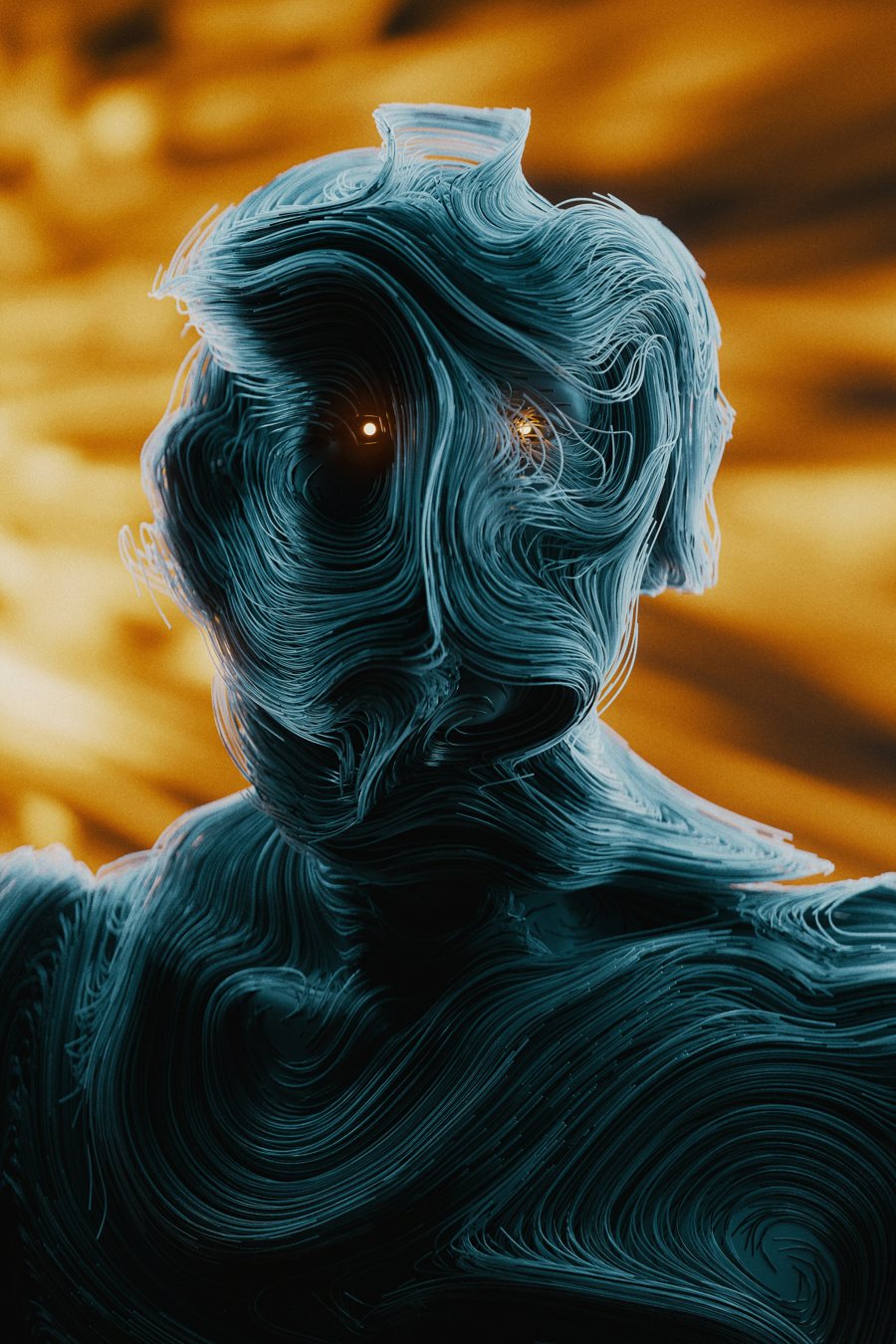 3D render of a figure made of flowing blue lines with glowing eyes