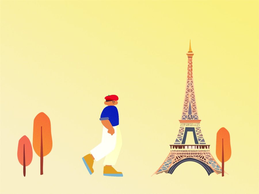 Illustrated character walking past trees toward the Eiffel Tower