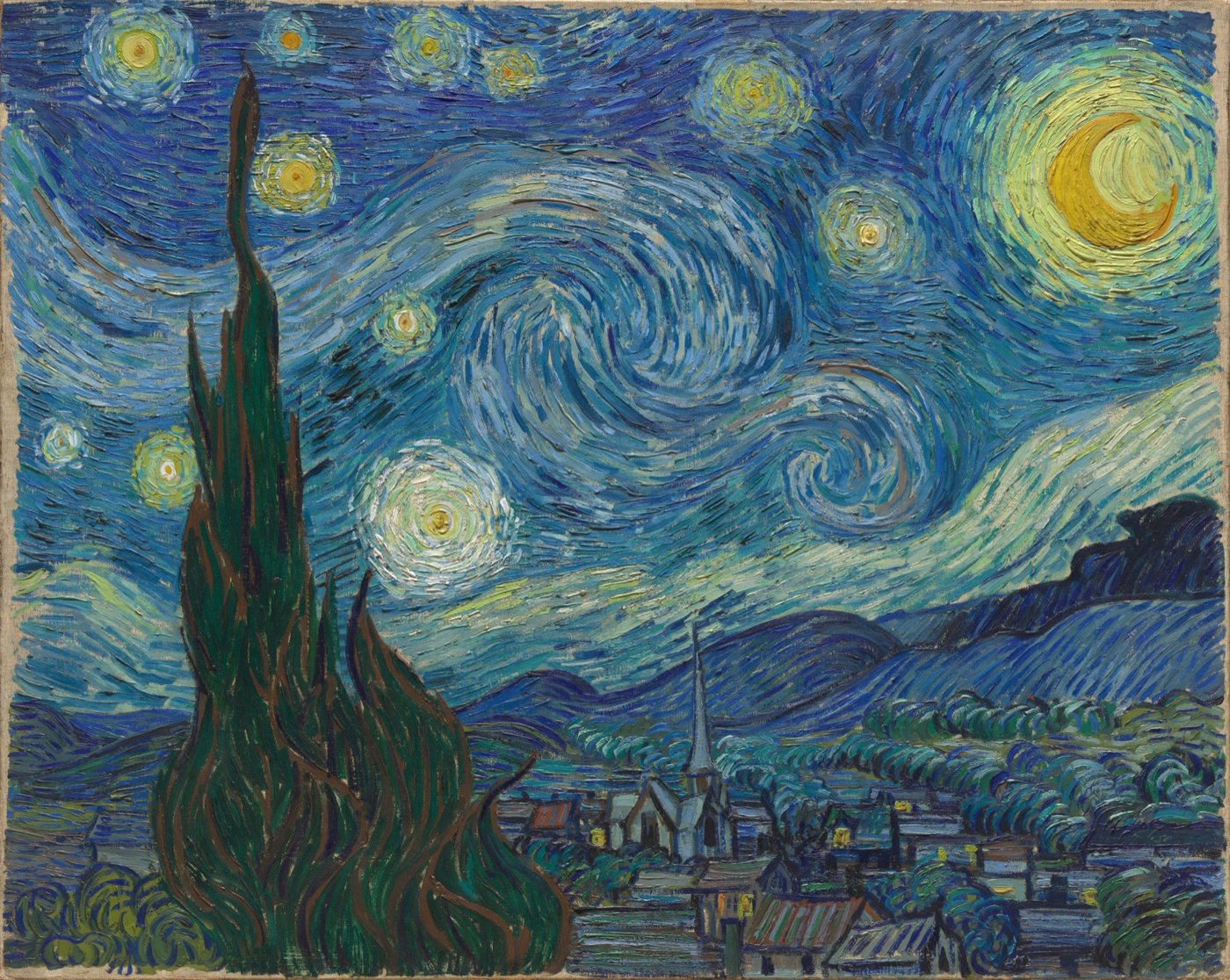 The Starry Night by Vincent van Gogh, a swirling night sky over a village with a large cypress tree in the foreground